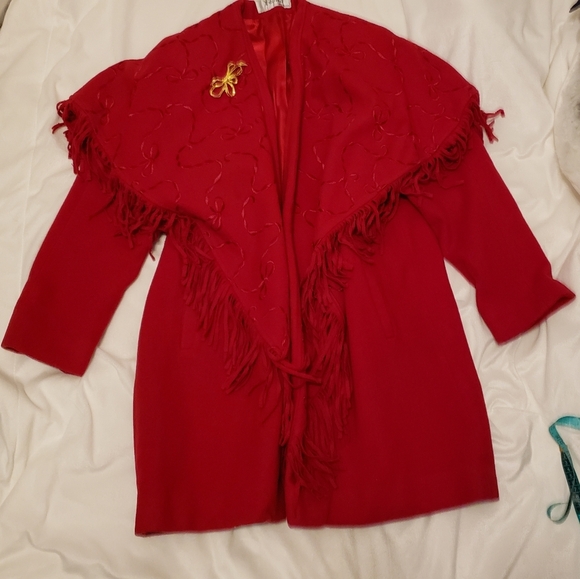 LIKE NEW Vintage Red Wool Fringe Embroidered Pea Coat Western Bohemian Winter - Picture 14 of 16